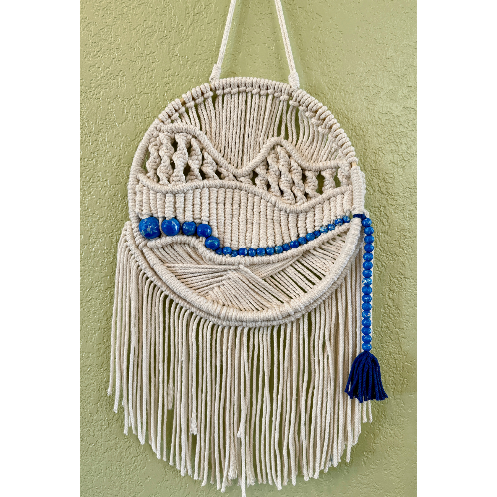 Macramé Wall Hanging – Mountain River Scene with Handmade Beads