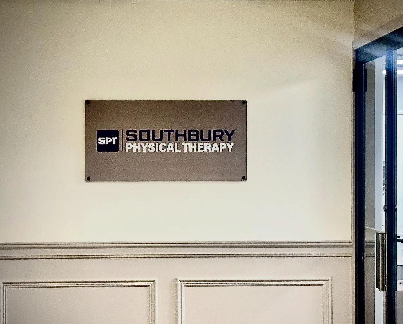 Front interior sign for southbury physical therapy 
