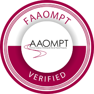 A circular badge with the words 'FAAMPT VERIFIED' and the AAOMPT logo in the center, representing certification or verification by the American Academy of Orthopaedic Manual Physical Therapists.