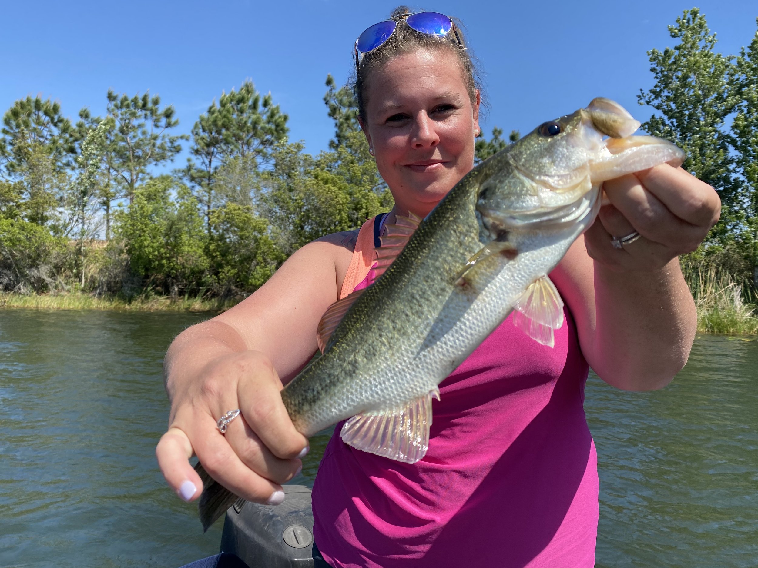Woman in pink shirt holding a large fish she caught while on a boat in a river with green trees in the background under a clear blue sky.