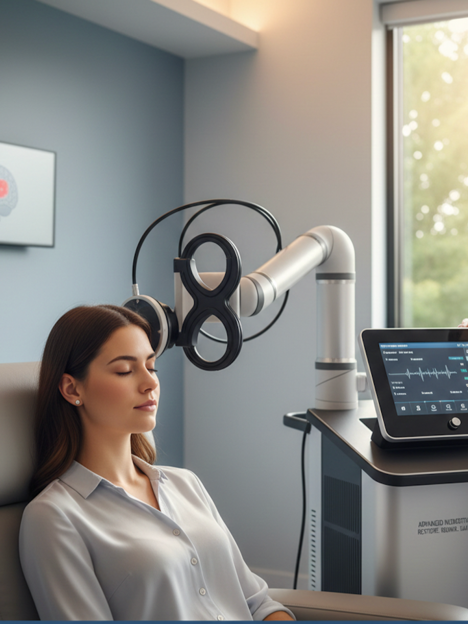 A woman with long brown hair seated with closed eyes in a medical or scientific setting, connected to a robotic arm with circular components, with a monitor displaying waveforms nearby, in a room with a window showing green trees.
