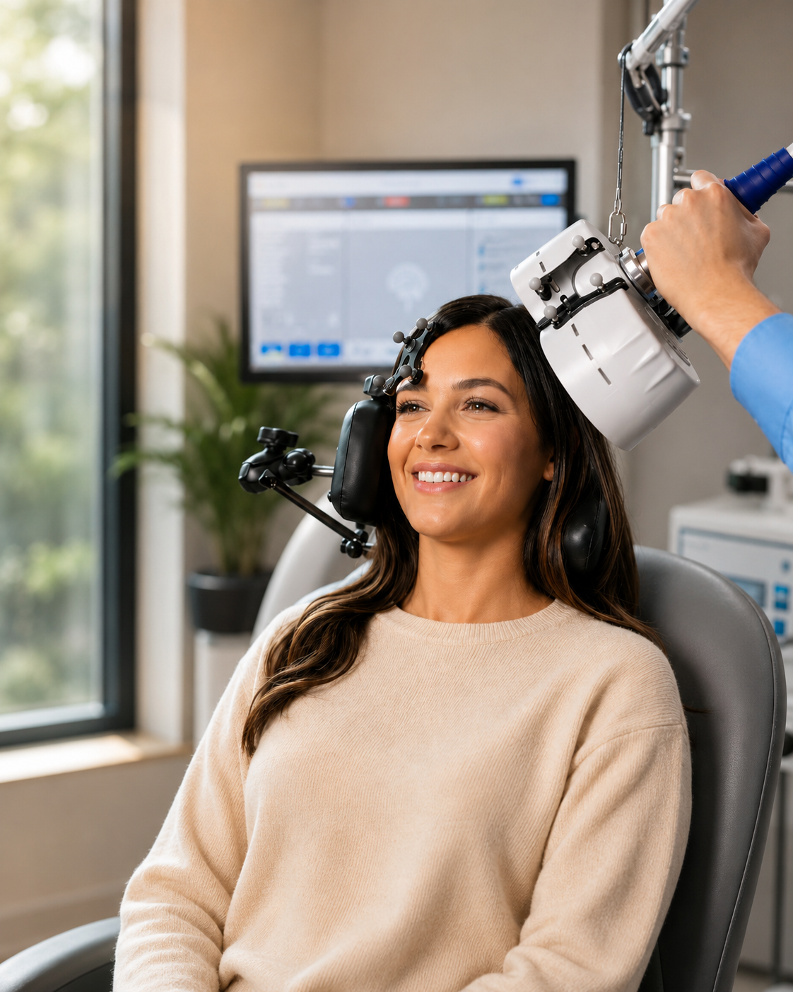 female patient receiving TMS therapy.