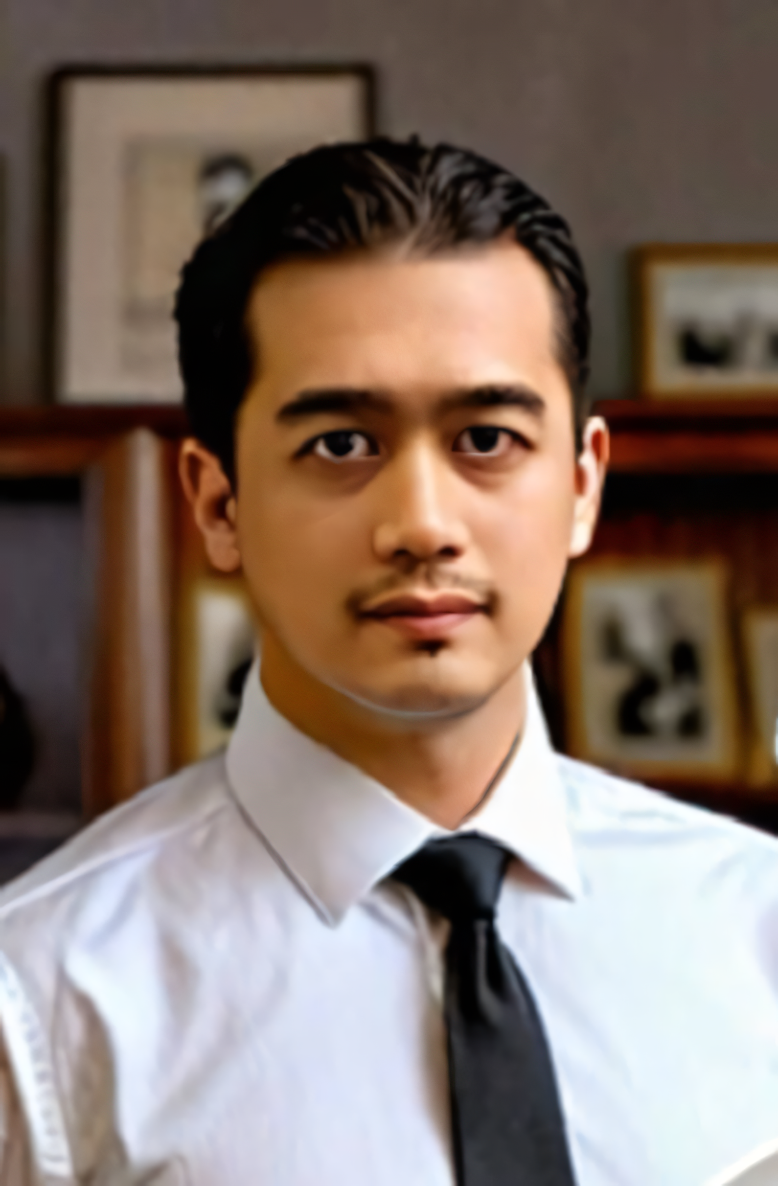 A man with black hair, a mustache, and a goatee, wearing a black suit, light gray shirt, and black tie against a dark background.