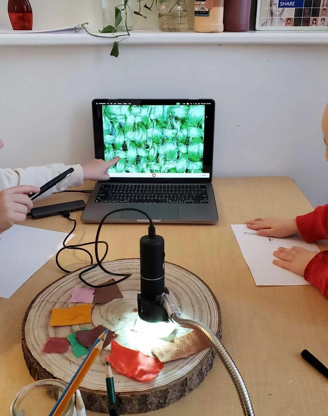 The PreK children were introduced to the Dino-Lite&mdash;a digital microscope! They have been using it to take a closer look at plants, ice, water, and the fibers of different fabrics. The children have been able to learn more about the items they ar