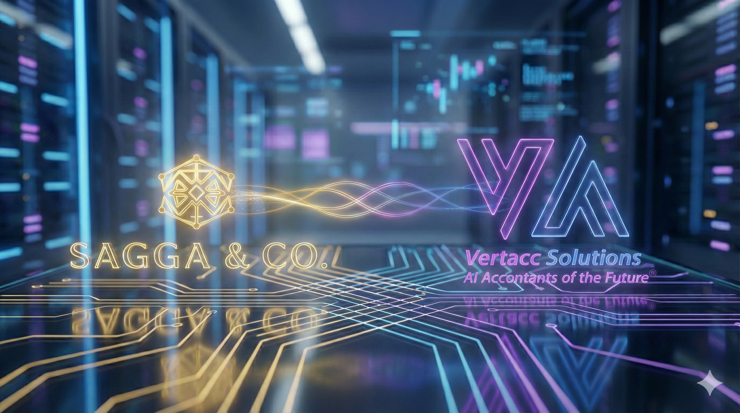 Digital illustration of a futuristic data center with glowing neon logos for 'Sagga & Co.' and 'Vertacc Solutions' with the tagline 'AI Accountants of the Future'.
