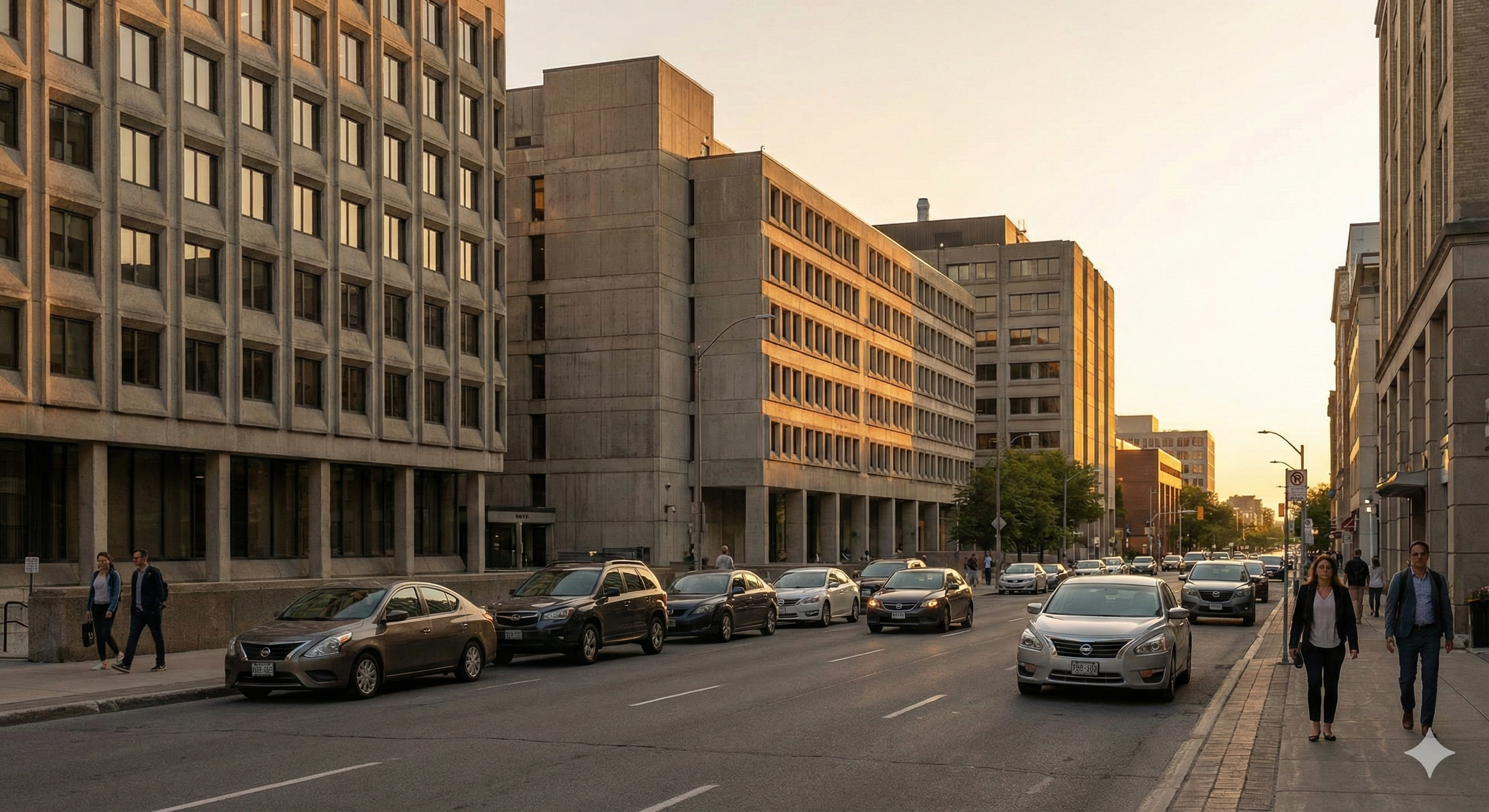 City street scene during sunset with parked and moving cars, pedestrians walking on sidewalks, and tall office buildings in the background.
