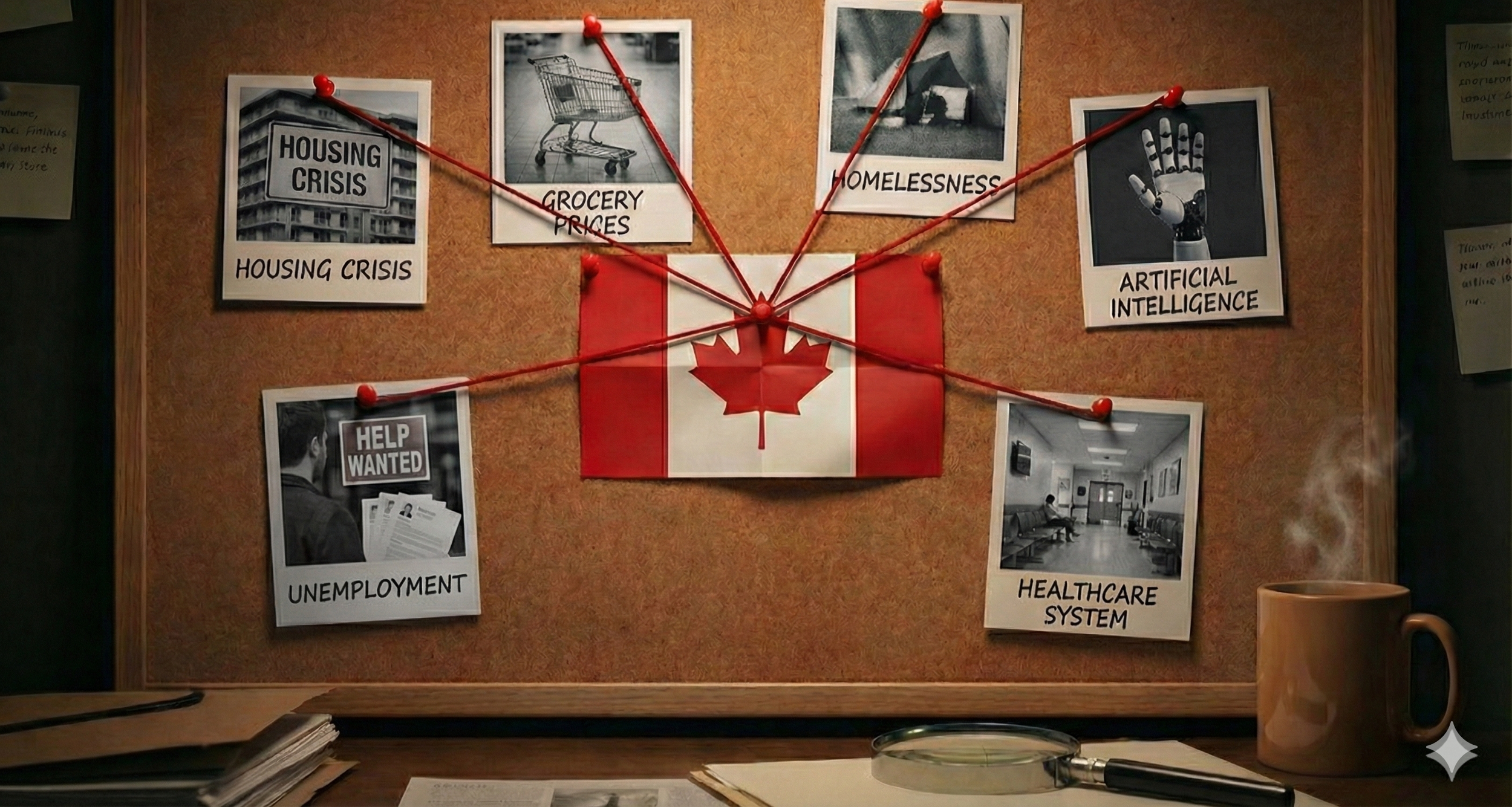 A bulletin board with a Canadian flag in the center, connected by red strings to six images and labels: Housing Crisis, Grocery Prices, Homelessness, Artificial Intelligence, Help Wanted (Unemployment), Healthcare System.