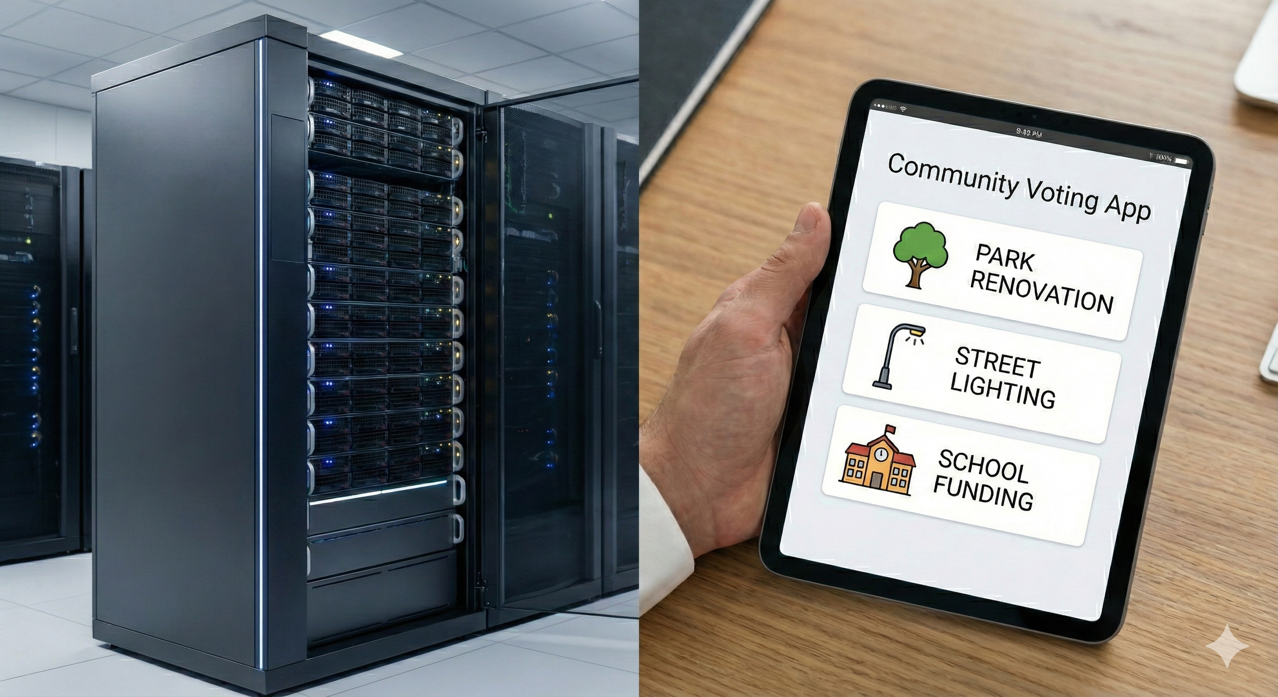 A side-by-side image showing a data center server room with a tall, dark server rack filled with glowing hardware on the left, and a person holding a tablet displaying a community voting app with options for park renovation, street lighting, and school funding on the right.
