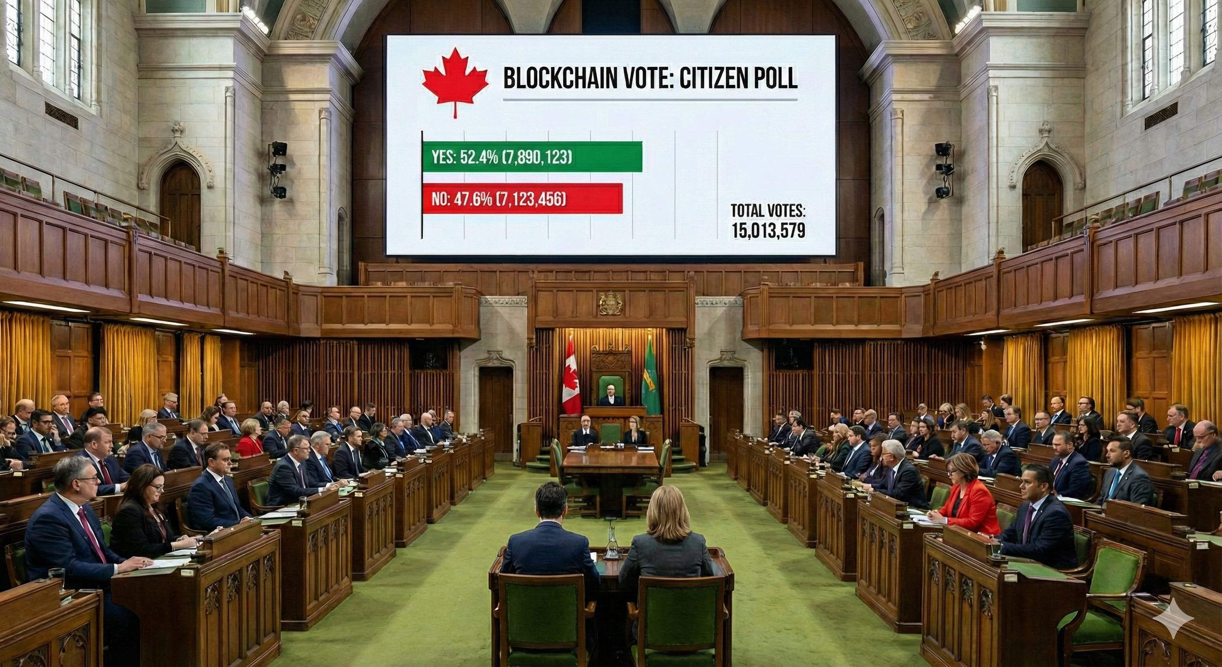 A detailed view of a parliamentary or governmental chamber with many seated officials and a large electronic display showing poll results for a blockchain vote on citizen participation, with percentages and total votes.