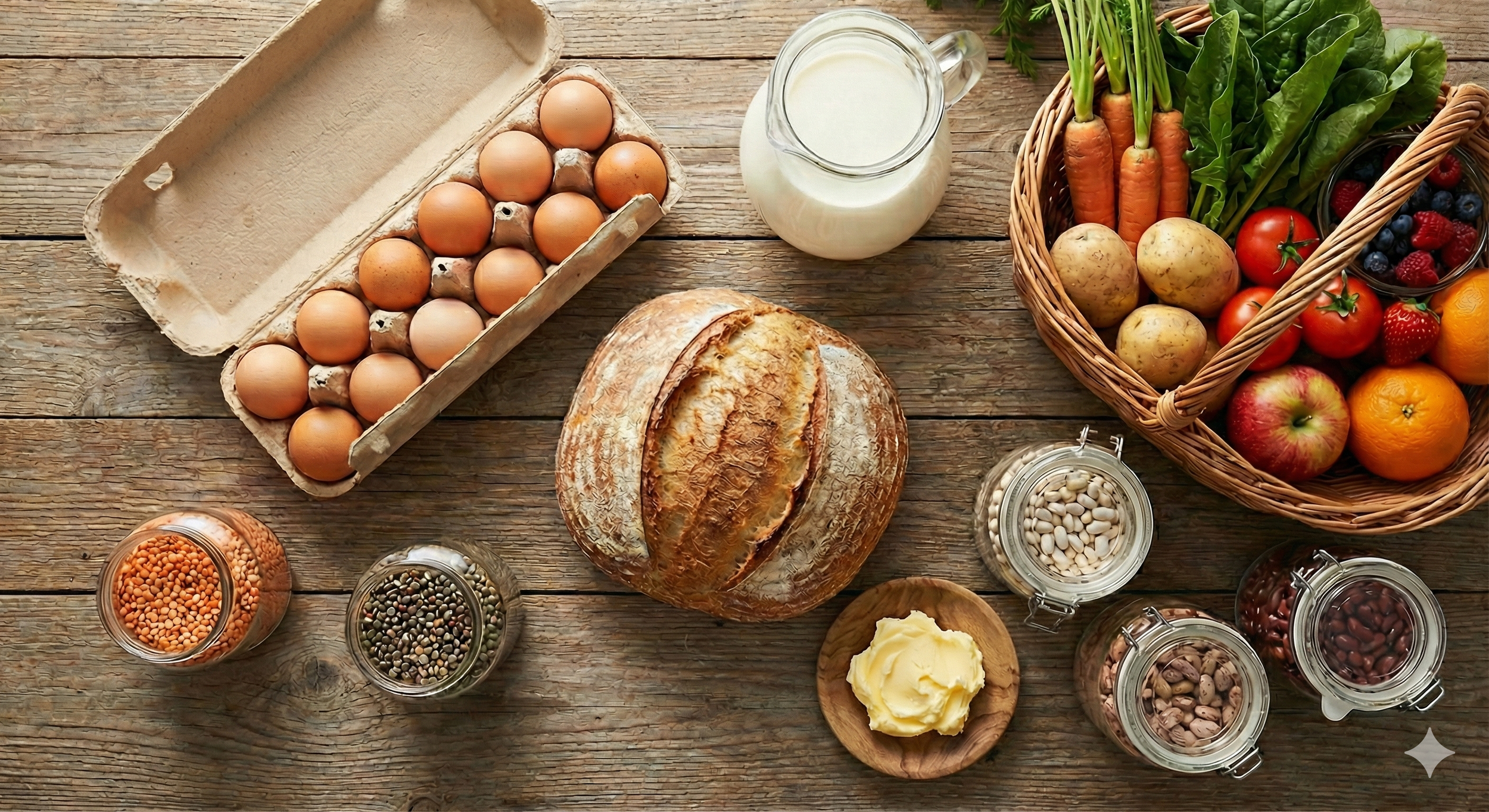 A spread of groceries on a wooden table including eggs in a carton, a jar of milk, a loaf of bread, a basket of vegetables and fruits, jars of beans and seeds, and a small dish of butter.