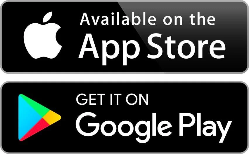 App store badges for Apple and Google Play with text indicating availability and download options.
