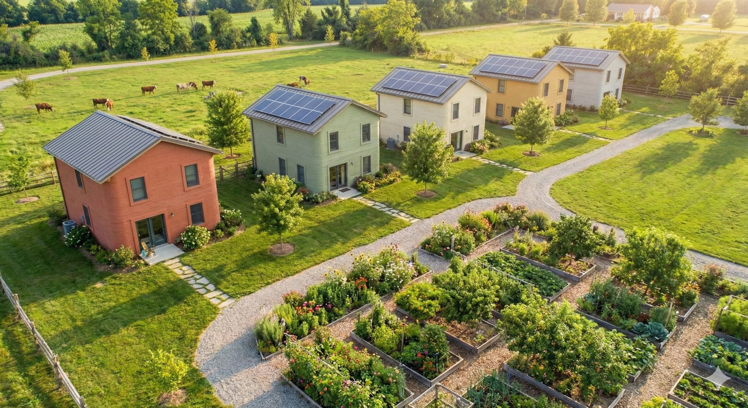 A row of four modern tiny houses with colorful exteriors and solar panels on their roofs, set in a rural landscape with green lawns, a gravel pathway, and surrounding garden beds filled with flowers and vegetables. In the background, there is a pasture with cows grazing and a scenic view of trees and open fields.