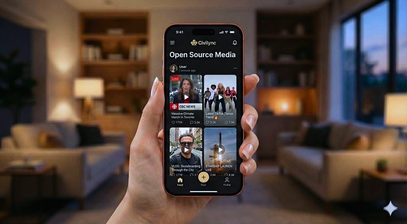 A person holding a smartphone displaying a social media app called Civilync, with various video thumbnails, in a cozy living room with bookshelves, lamp, and window in the background.