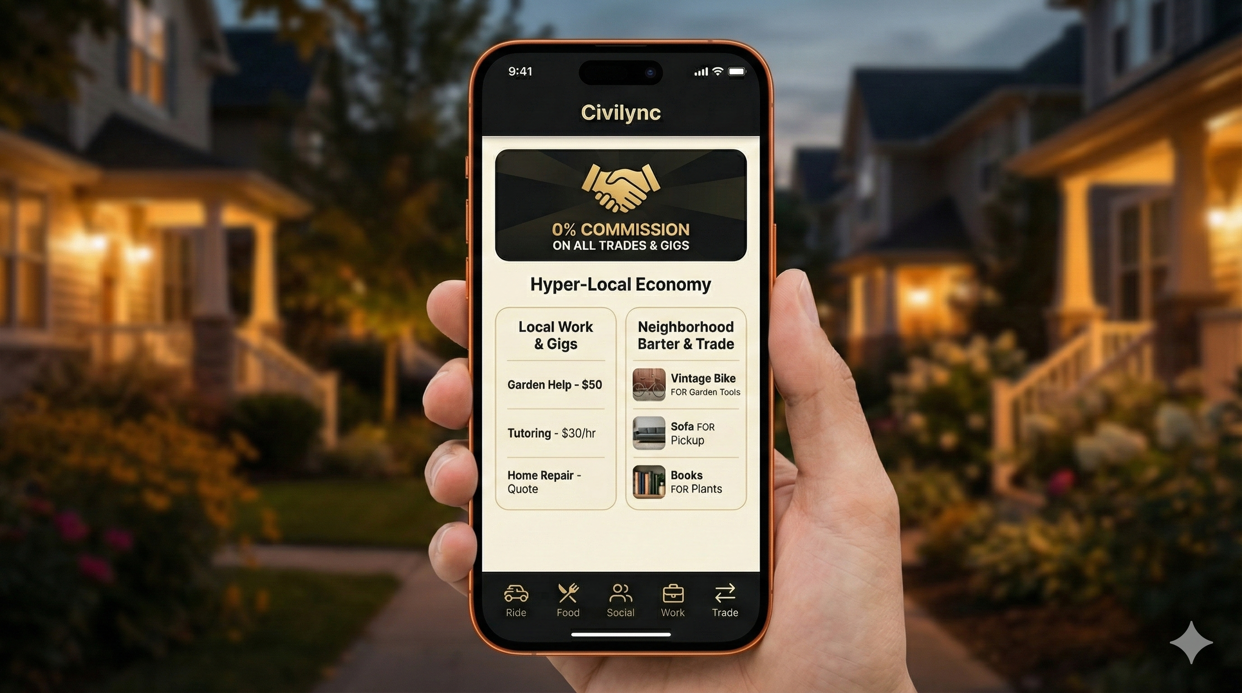 A person holds a smartphone displaying a civic exchange app named Civicync, showing local trade options and a promotion for 0% commission on trades, with a background of houses and gardens during dusk.