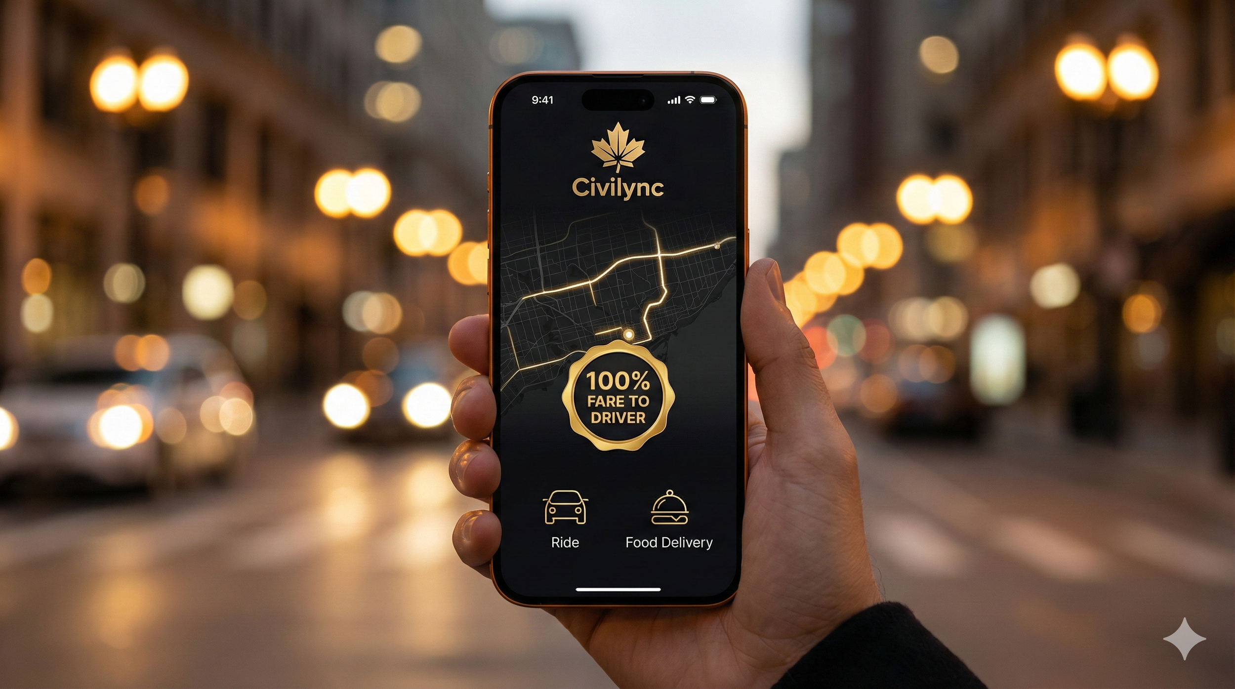 A person holding a smartphone with a ride sharing app open on a city street at dusk or evening. The app shows a map, a message saying '100% FARE TO DRIVER,' and options for 'Ride' and 'Food Delivery.'