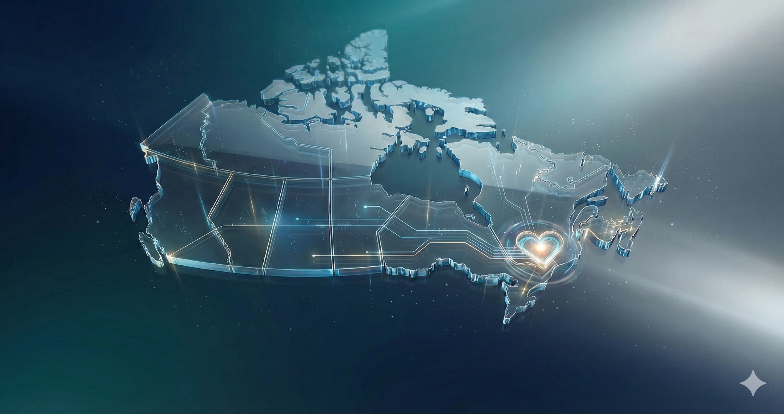 A digital hologram of North America with highlighted states, featuring a glowing heart icon over Florida, against a dark background.