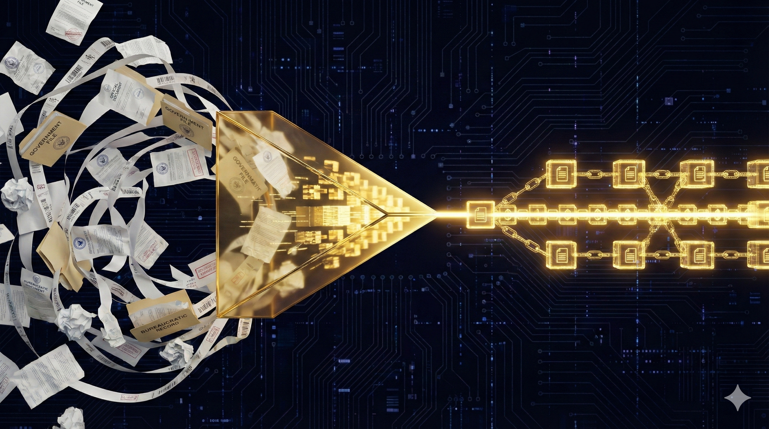 Digital illustration of shredded paper records on the left, transforming into a golden, pyramid-shaped hologram that emits a digital data stream leading into a blockchain network of interconnected glowing squares on the right, over a dark background with circuit lines.