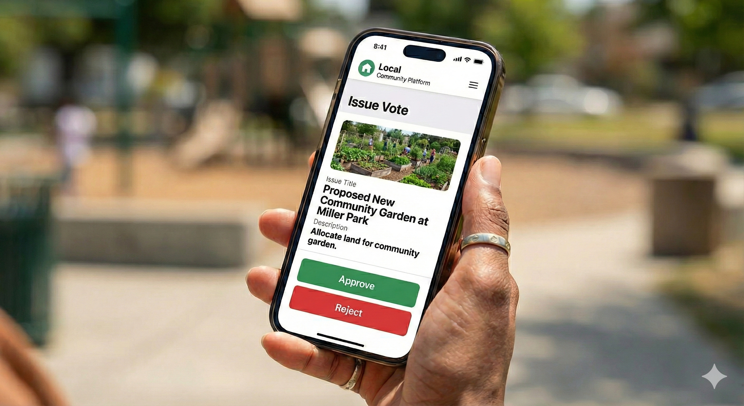 A person holding a smartphone displaying a community platform app with a poll about proposing a new community garden at Miller Park, with options to approve or reject.