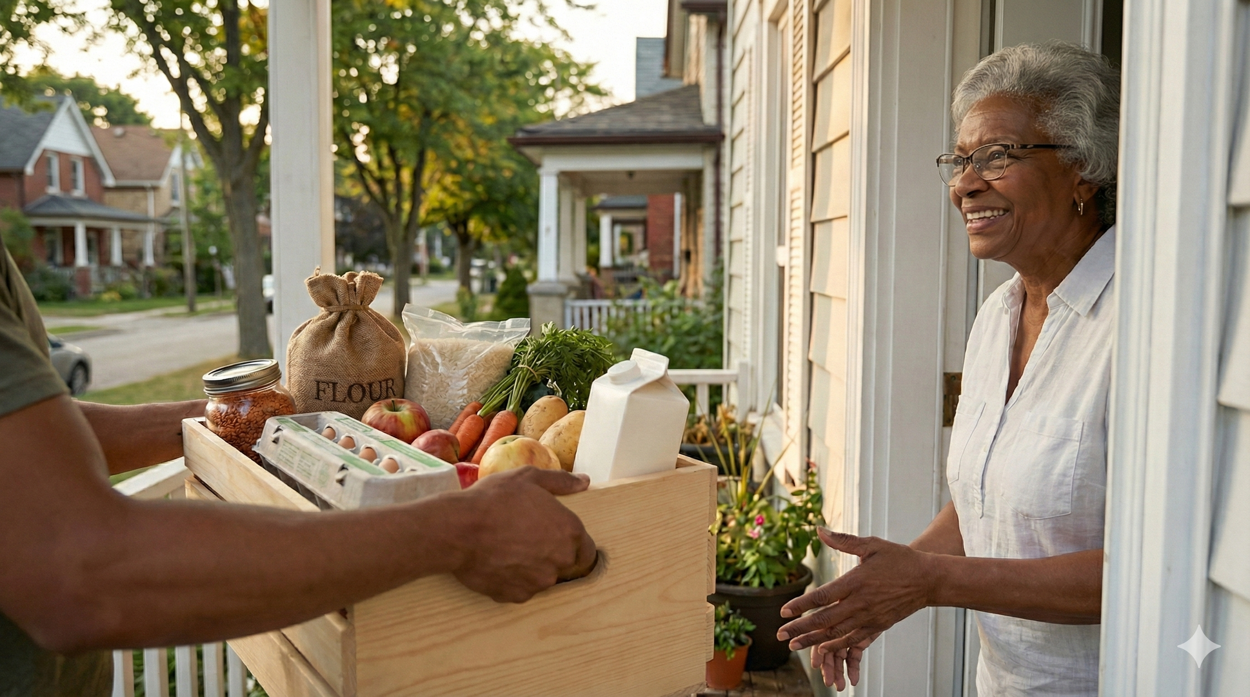 An elderly woman smiling and reaching her hands out on her porch as someone delivers a box of groceries containing eggs, apples, carrots, potatoes, flour, milk, and a jar of preserves.