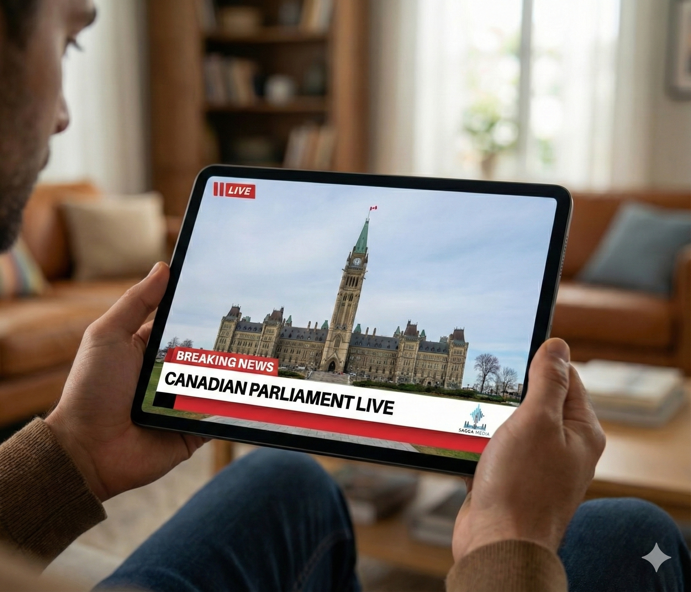 Person watching live news about Canadian Parliament on tablet, showing historic building with clock tower.