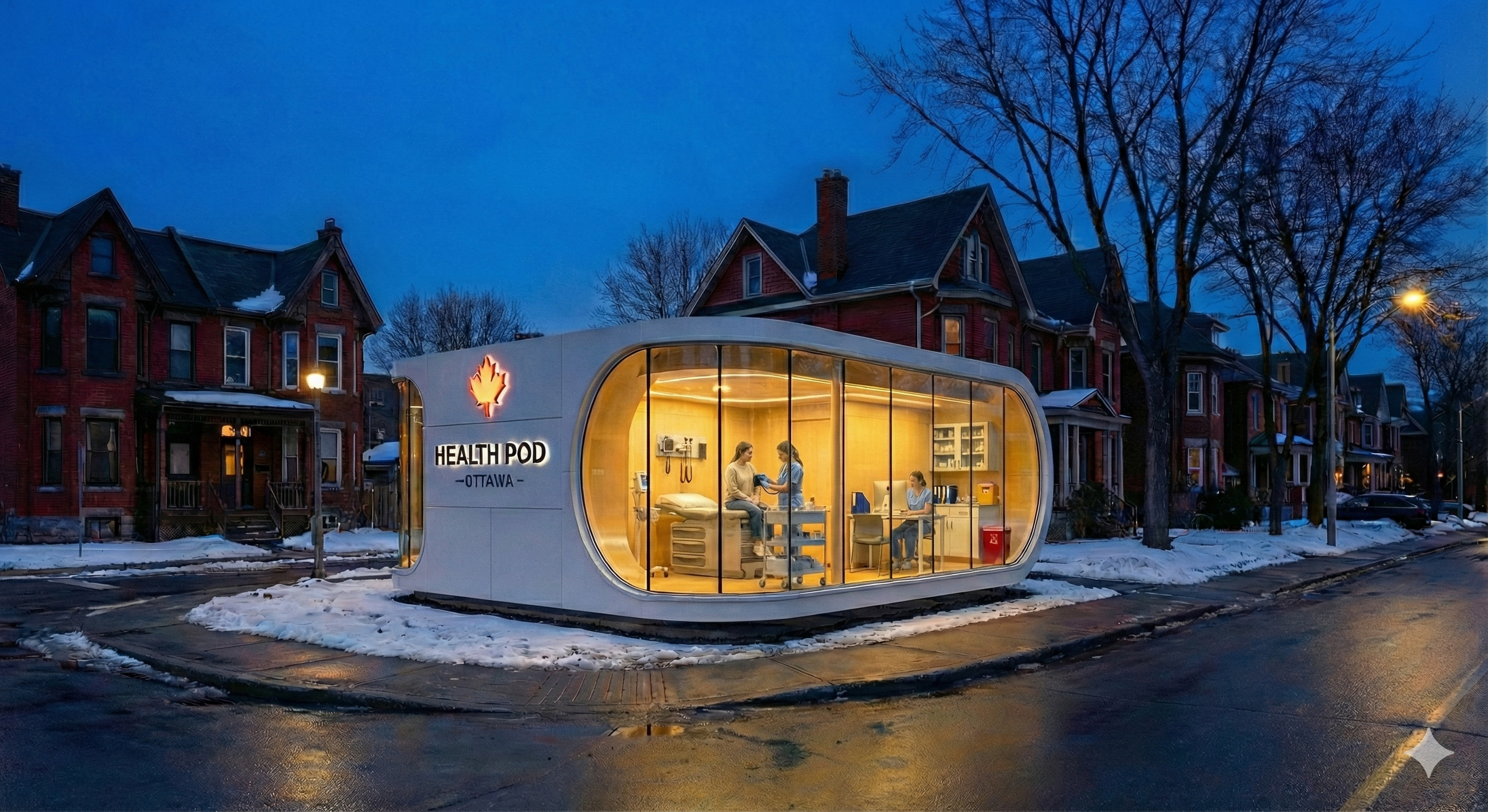 A modern, glass-walled medical clinic called 'Health Pod' in Ottawa, situated on a snowy urban street at dusk, with physicians tending to a patient inside.