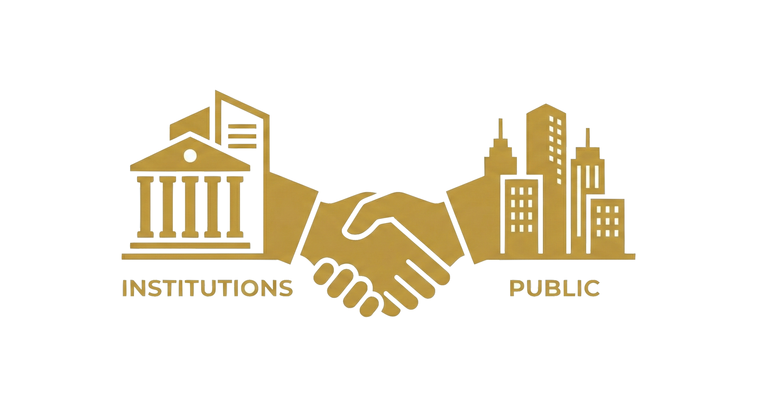 Abstraction of a handshake shaking between two stylized buildings, one classical with columns and the other modern skyscrapers, with the words 'Institutions' and 'Public' below.