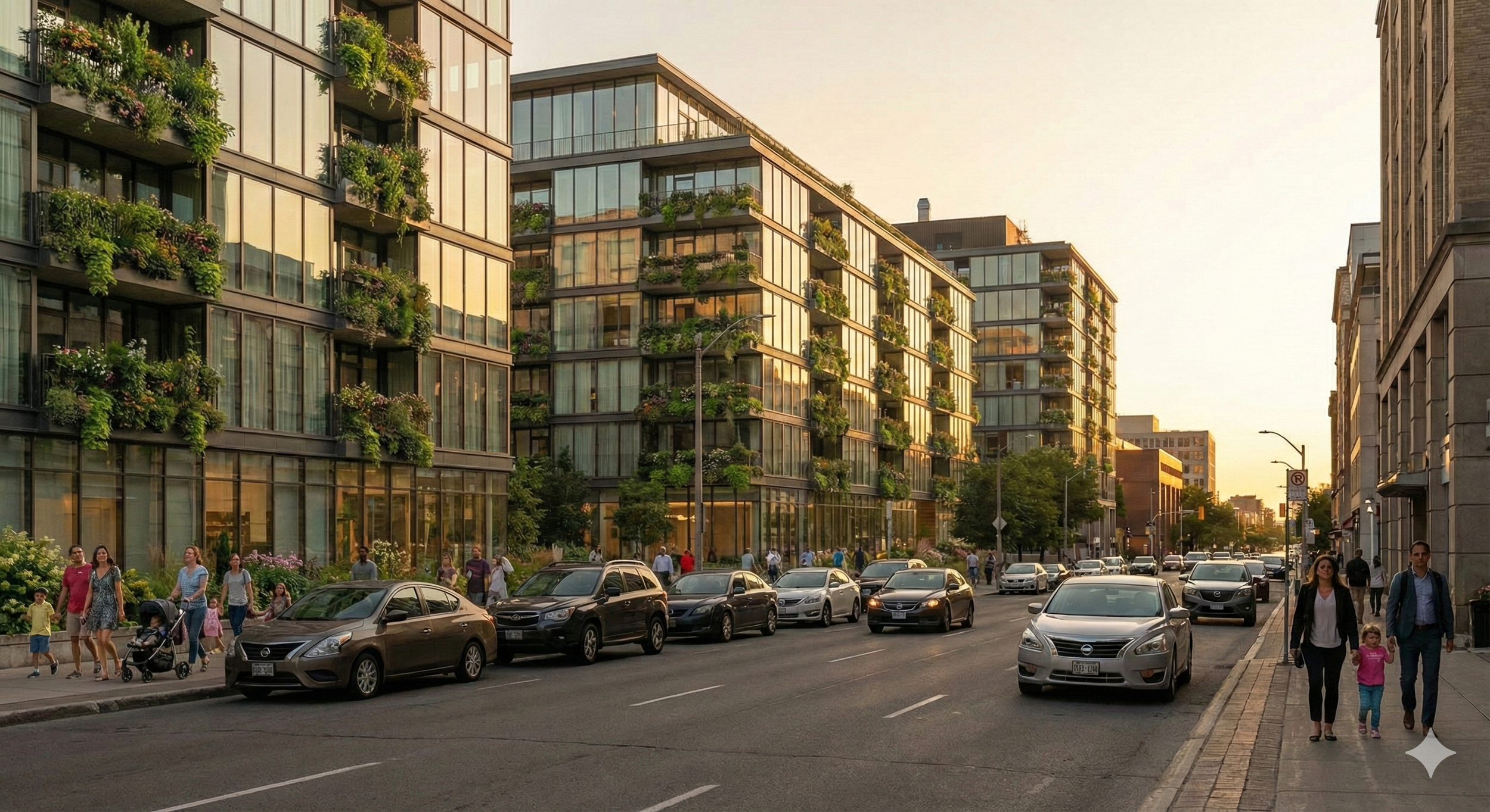 Urban street scene during sunset with modern glass apartment buildings decorated with plants, parked cars along the curb, and people walking on sidewalk.