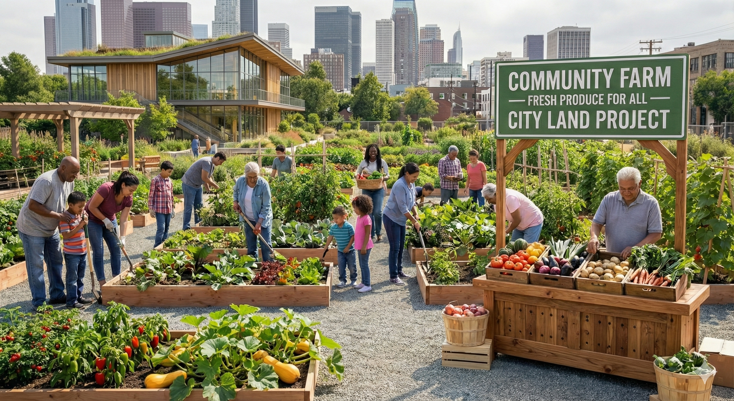 A community farm with people working in vegetable and fruit garden beds, surrounded by city skyline buildings. There is a large green sign that reads 'Community Farm, Fresh Produce for All, City Land Project'.