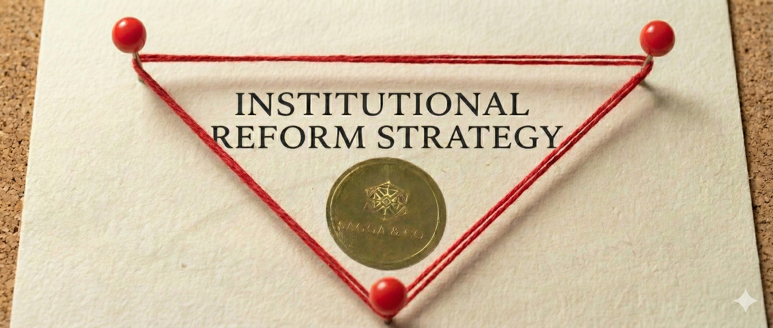 A piece of paper with the words 'Institutional Reform Strategy', a gold coin with a geometric design and the text 'VAGGA & CO.', and red string forming a triangle, secured with red pushpins on each corner.