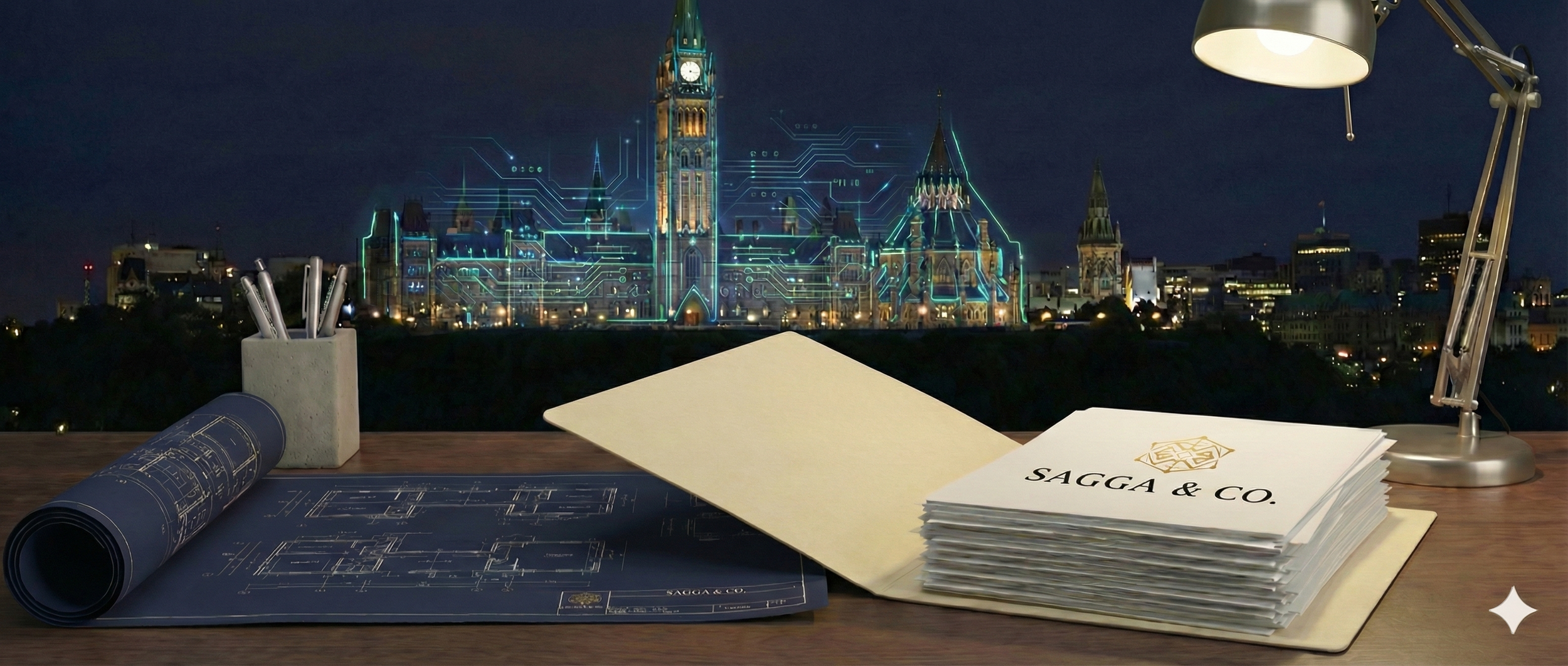 A desk with blueprints, a folder labeled Sagga & Co., a stack of papers, a pen holder, and a desk lamp, with a night cityscape of a historic building illuminated with digital lines in the background.