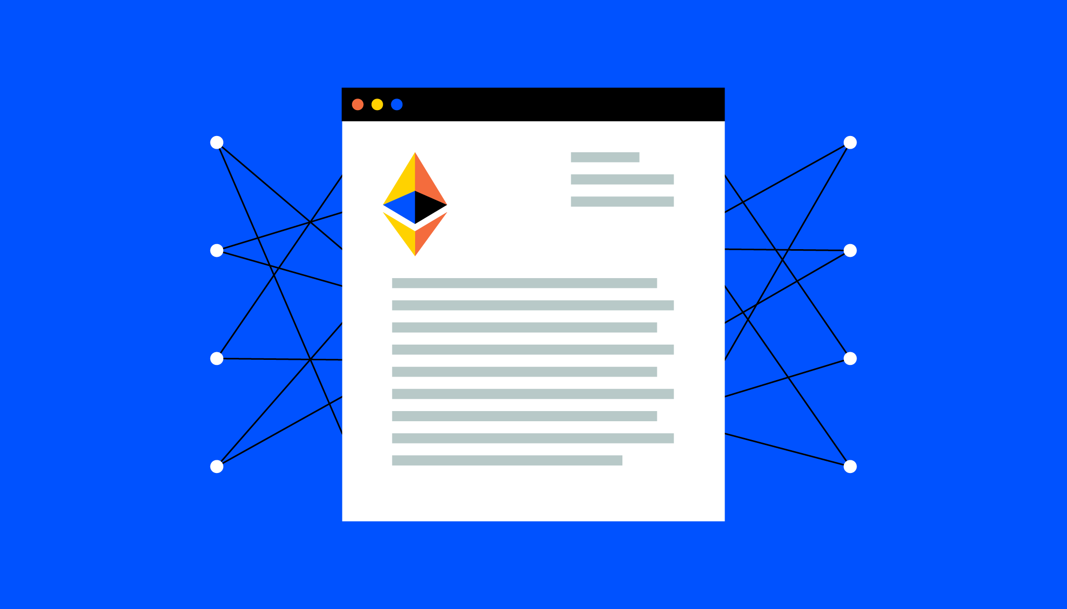 Digital illustration depicting a webpage with the Ethereum logo, connected to a network of nodes on a blue background.