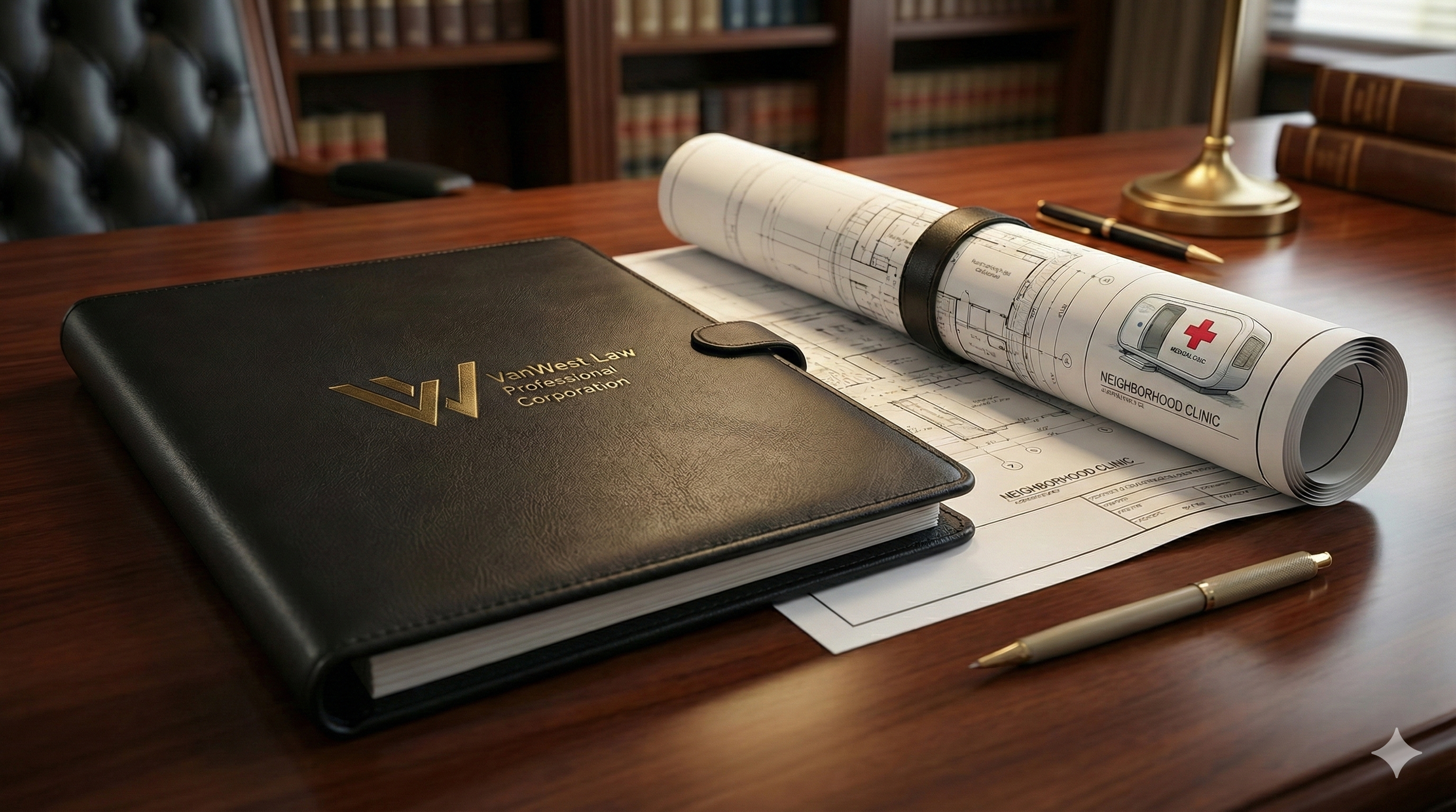 Office desk with a black VanWest legal notebook, architectural blueprints, a pen, and a lamp in the background.