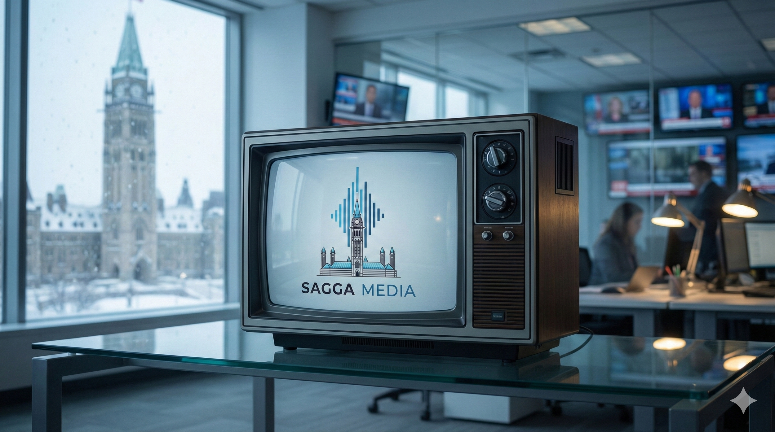 An old-fashioned television set displaying the logo of SAGA MEDIA, with a silhouette of Big Ben and sound wave graphics, in an office with large windows showing a snow-covered cityscape and a clock tower.