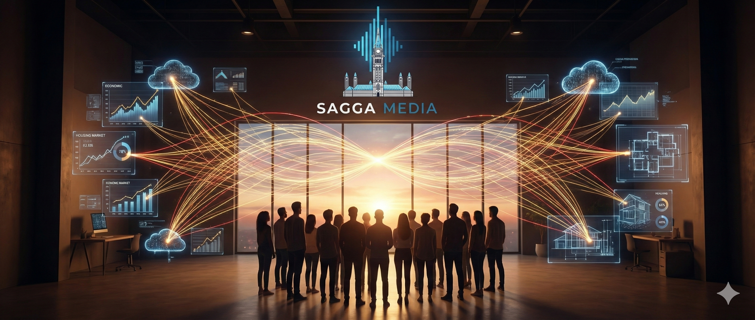 Silhouettes of people in a conference room watching a large screen with digital graphs, charts, and cloud icons, with the text 'SAGA MEDIA' in the center and a sunset background.