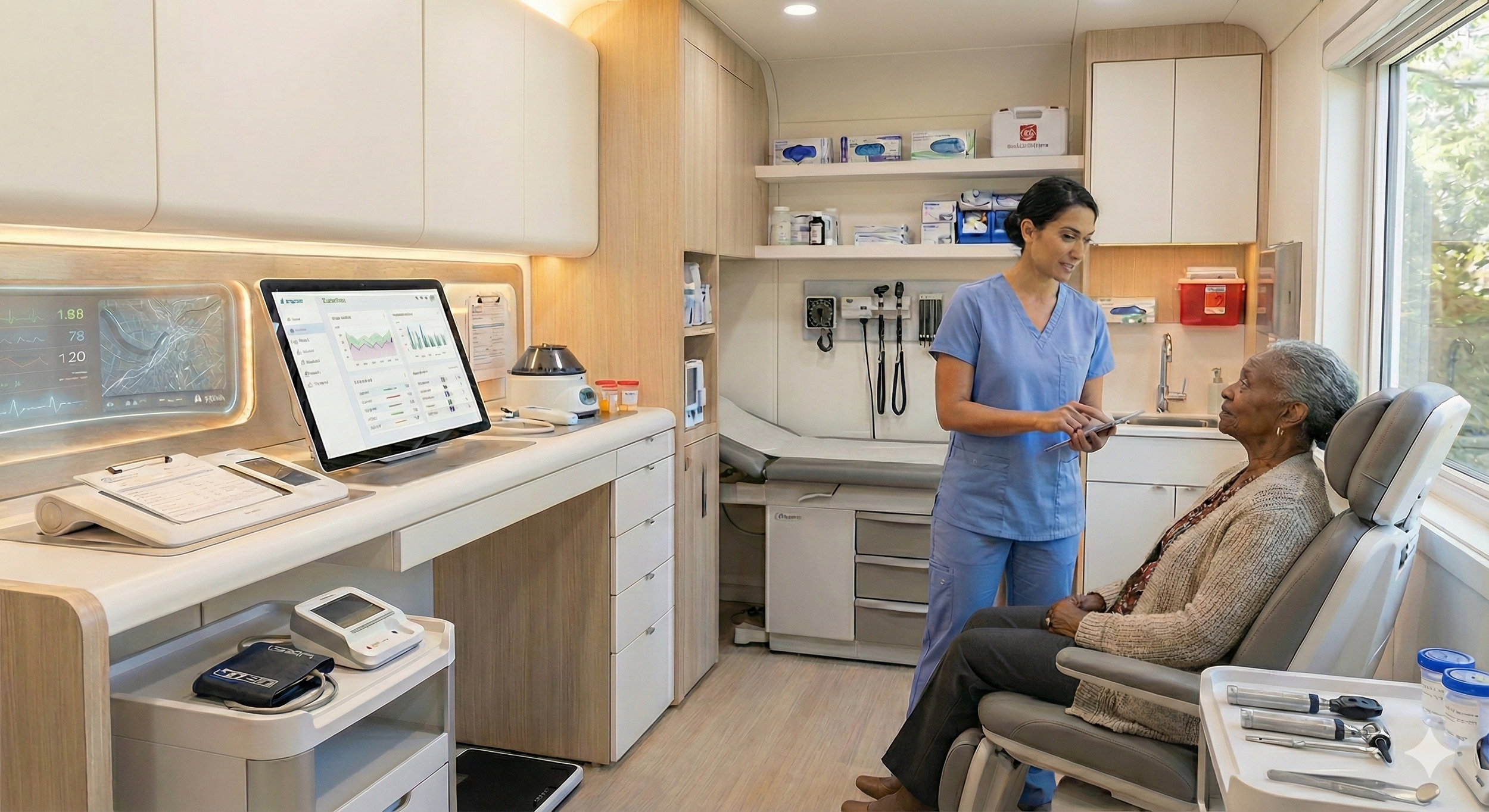 A healthcare professional in scrubs talking to an elderly woman sitting in a medical examination chair in a clinic room with medical equipment and supplies.