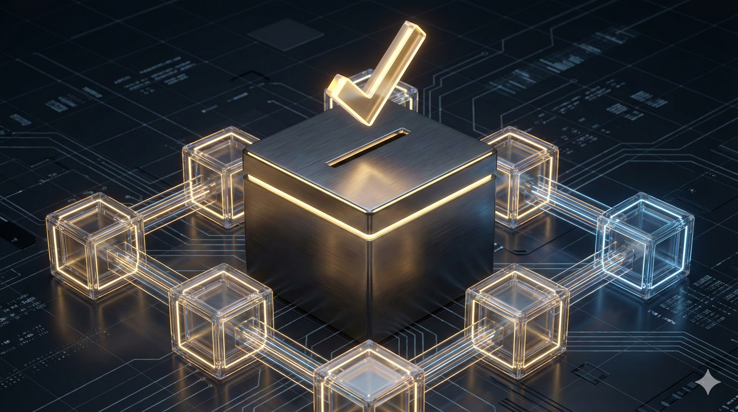 A digital illustration of a voting box with a checkmark symbol on top, surrounded by interconnected glowing cubes and electronic circuit patterns.