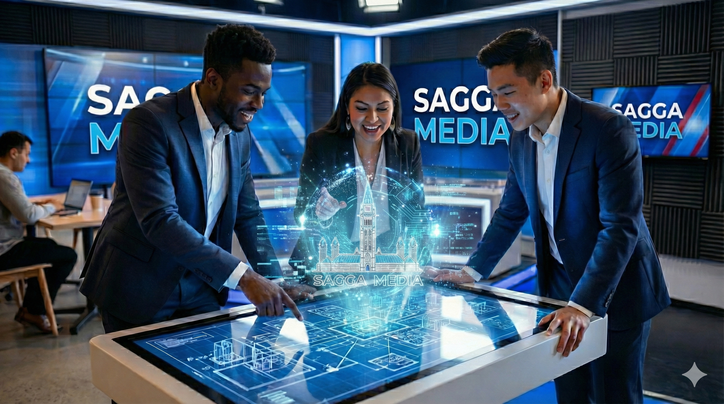 Three business professionals, two men and one woman, in suits, engaged in a discussion around a high-tech digital table showing futuristic holographic images and the logo 'SAGGA MEDIA'. They are in a modern office environment with multiple large screens displaying 'SAGGA MEDIA' in the background.