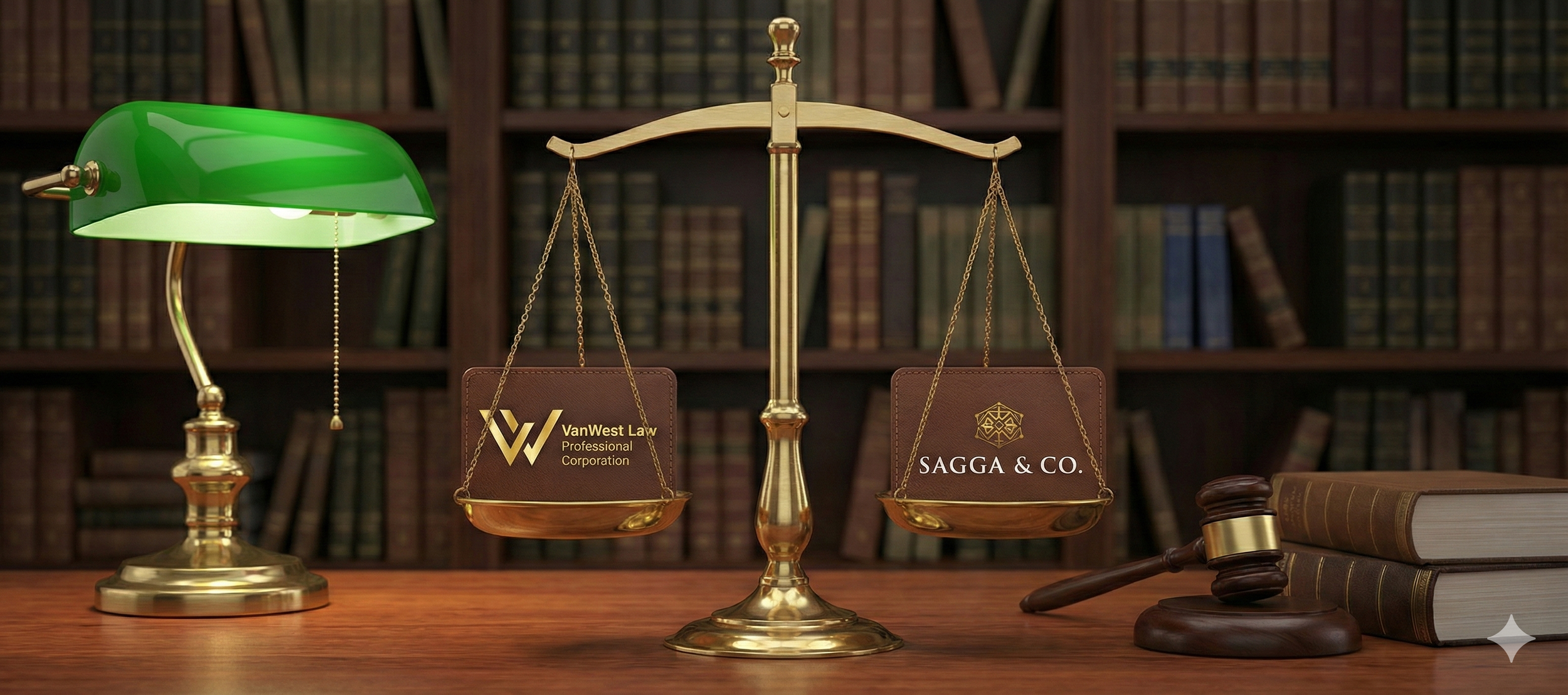 Legal office with a brass balance scale, a green banker’s lamp, a gavel, and legal books in a law library.