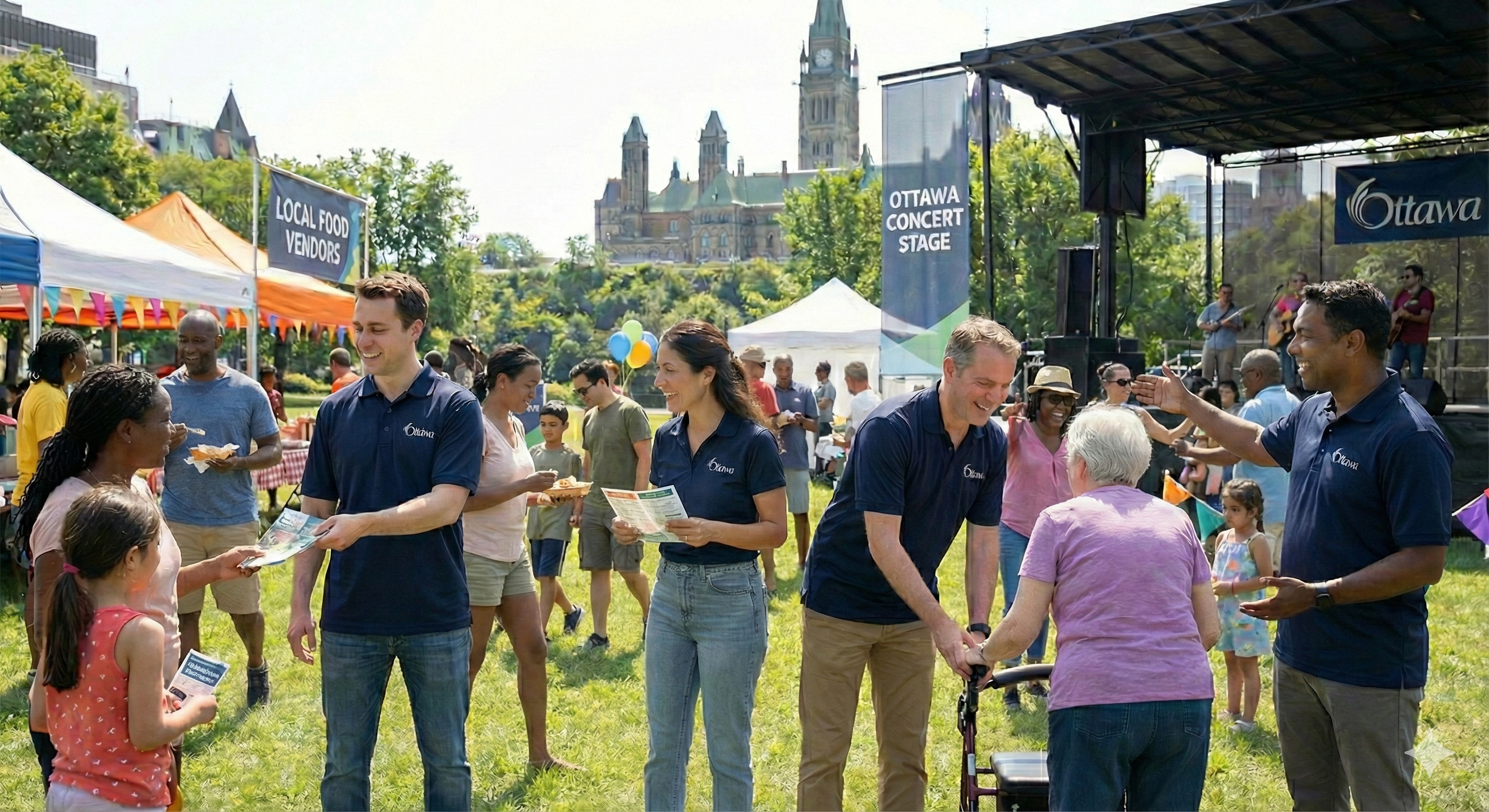 People at an outdoor community event with food stalls, a stage, and a historic building in the background. Some people are handing out flyers, and others are socializing with children and elderly individuals.