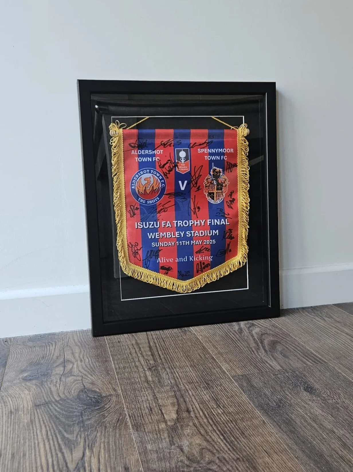 We don&rsquo;t just frame shirts. We frame a huge range of memorabilia and make every piece completely bespoke.

This one of a kind fully signed Aldershot Town flag was gifted to the club after their huge win at Wembley. It now sits proudly in the bo