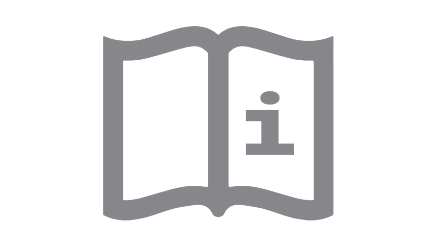 Icon of an open book with a lowercase 'i' on the right page indicating information