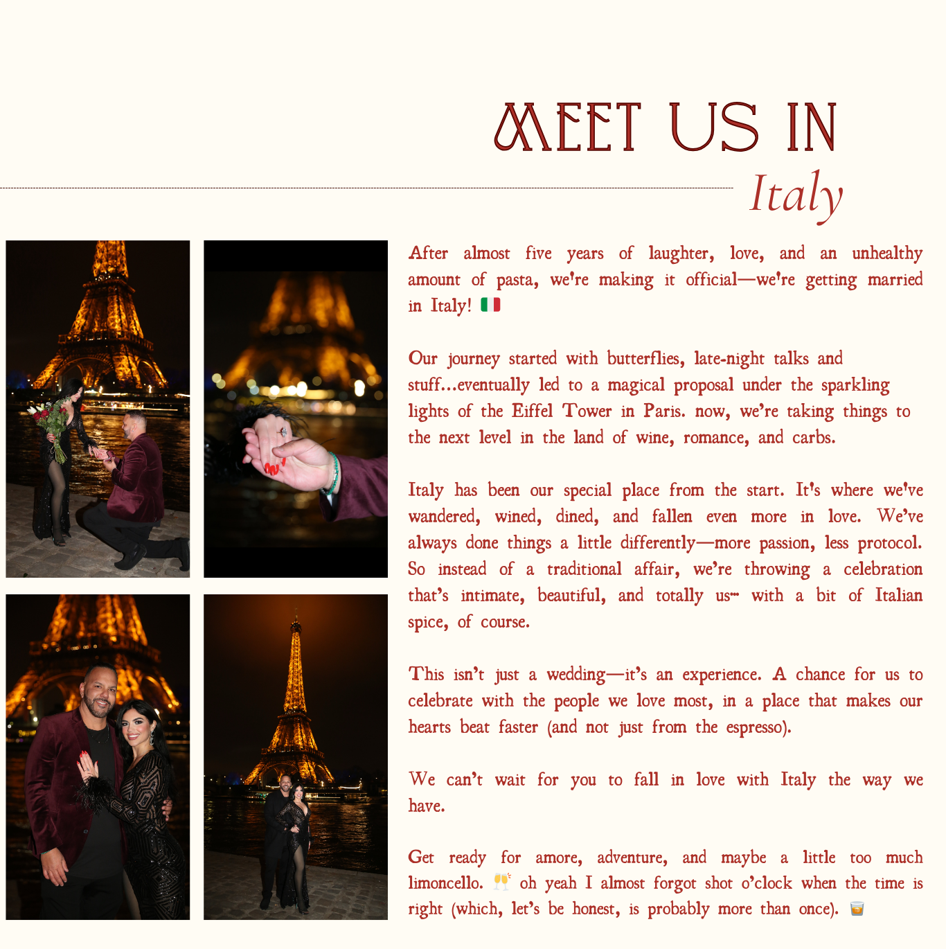 Photo collage of a couple's proposal by the Eiffel Tower in Paris at night, showing romantic moments, the Eiffel Tower lit up, and the couple wearing formal attire.