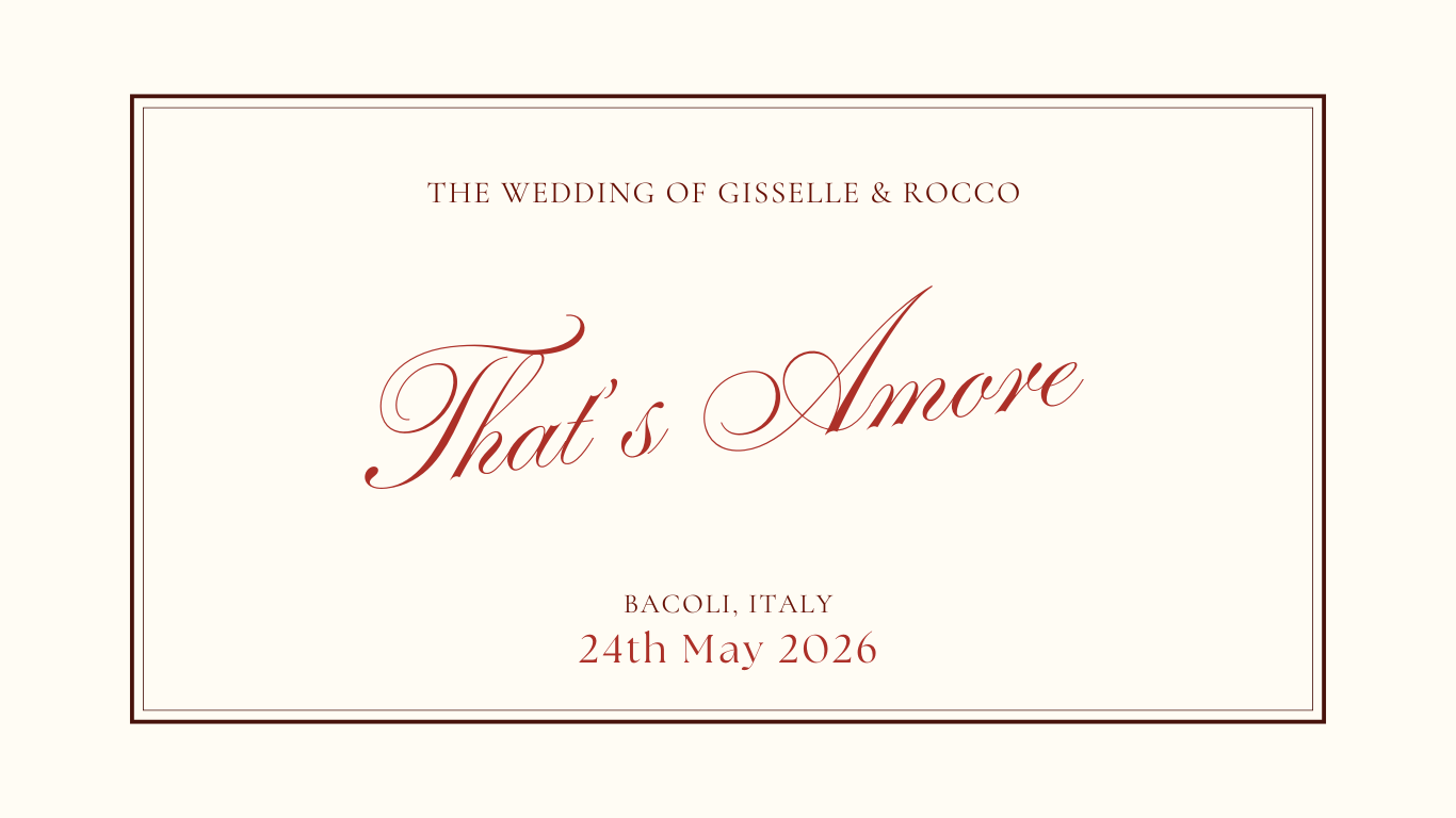 Wedding invitation for Gisselle and Rocco with the date May 24, 2026, and location Bacoli, Italy.