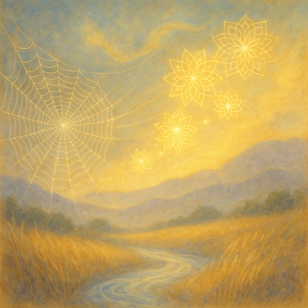 A landscape painting featuring a winding river, golden fields, and distant mountains under a colorful sky. Illuminated spider web and floral patterns are glowing in the sky.