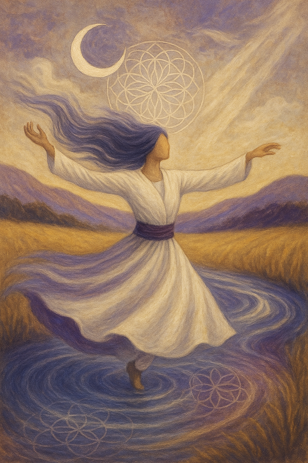A woman with long, flowing purple hair dancing in a field of golden wheat, surrounded by mystical symbols including a crescent moon and geometric patterns, under a sky with clouds and a warm glow.