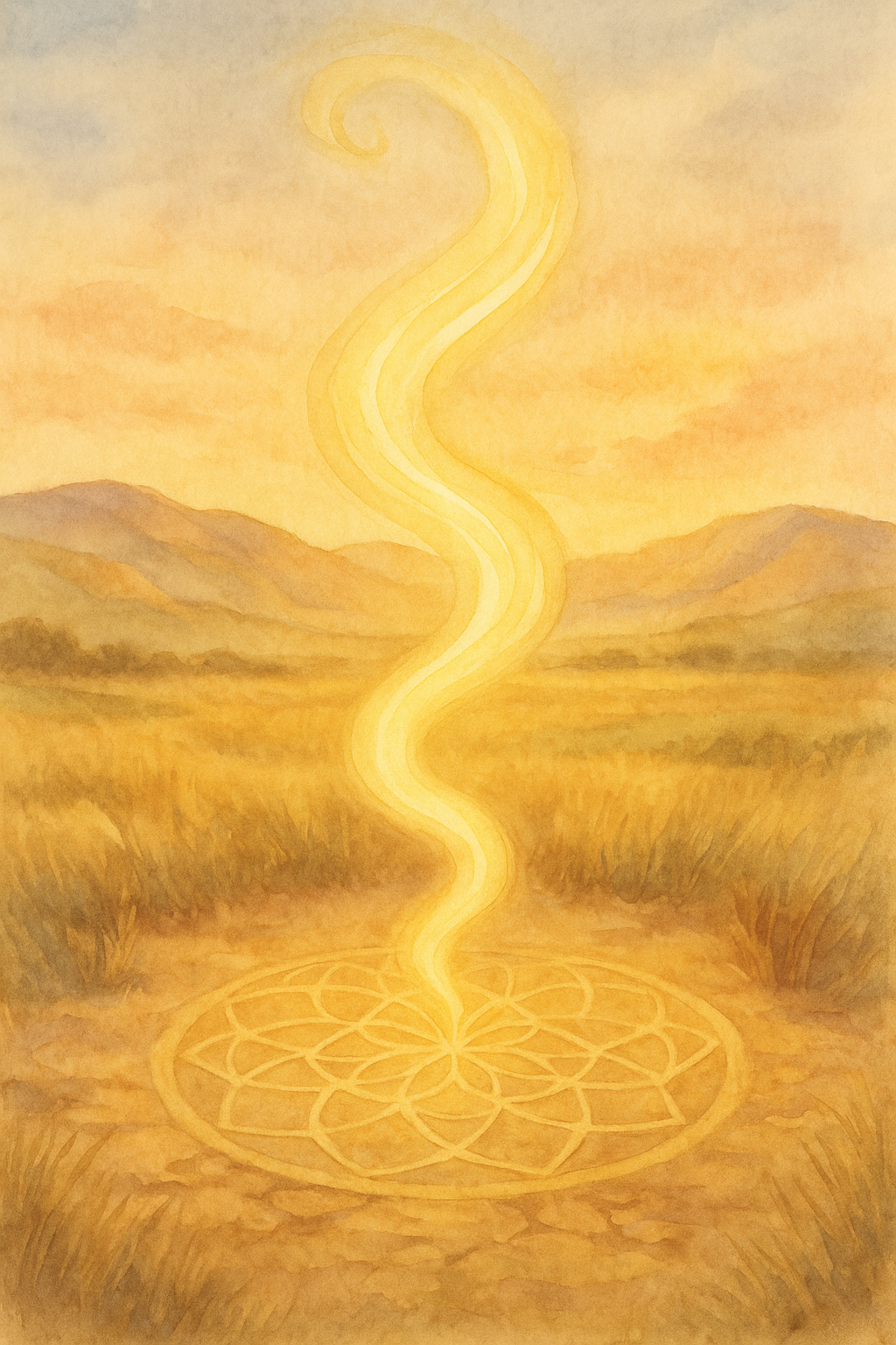 A mystical landscape with a spiral pattern on the ground and a glowing, winding light ascending into the sky, set against mountains and a warm, yellow-orange sky.