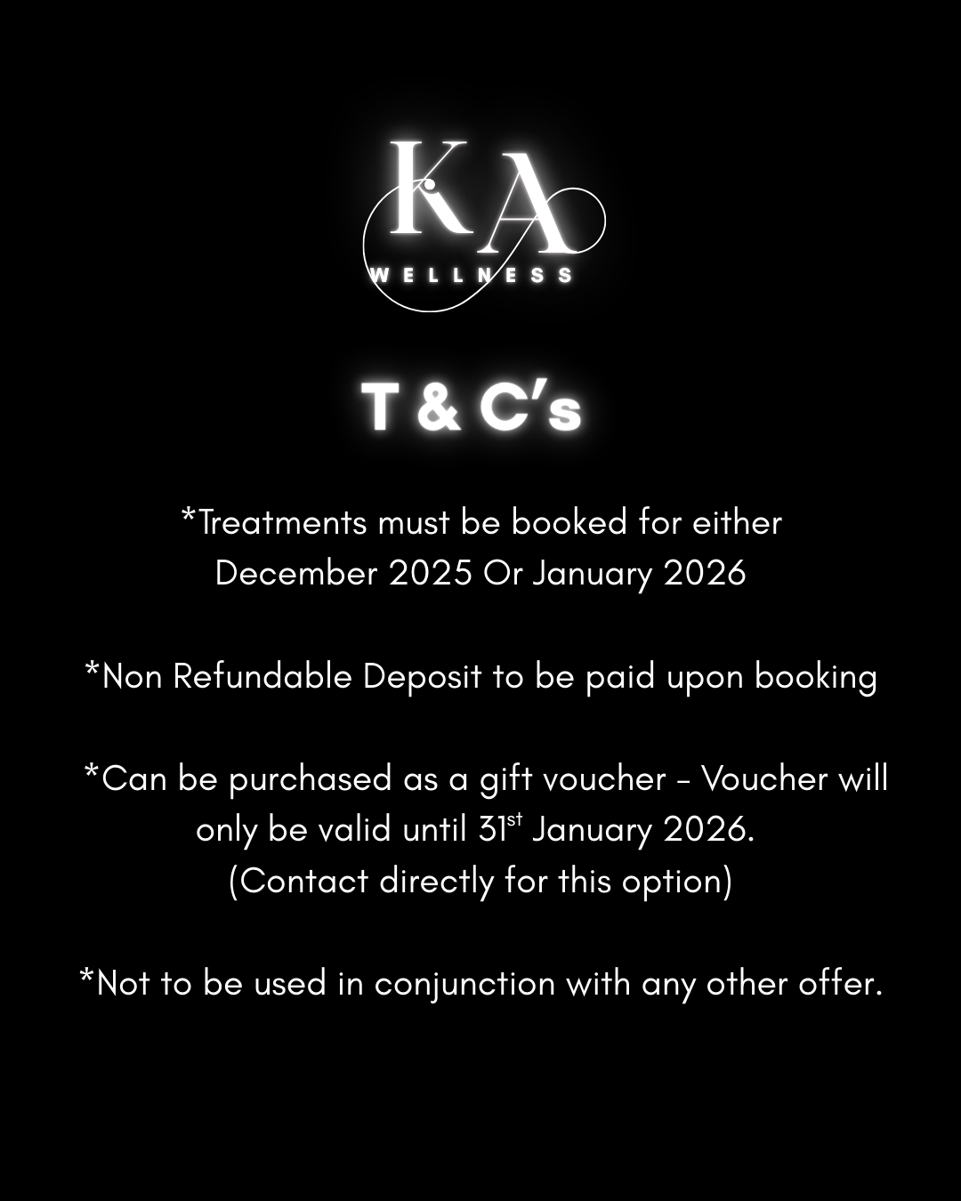 Information about wellness treatments, booking deadlines for December 2025 or January 2026, non-refundable deposit requirement, gift voucher purchase, and terms and conditions.