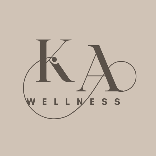Logo for K&A Wellness with stylized letters K and A and a curved line around the word Wellness.