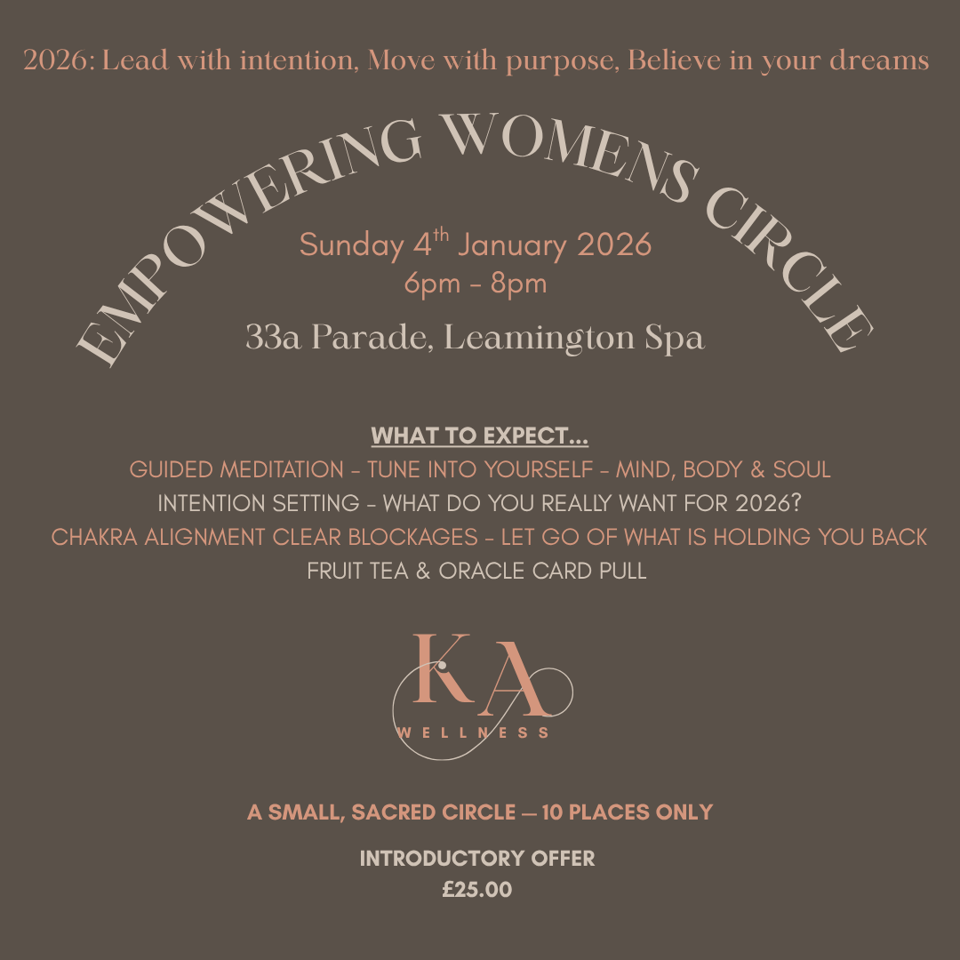 A flyer for an event called Empowering Women's Circle on Sunday, January 4th, 2026, from 6 pm to 8 pm at 33a Parade, Leamington Spa. The flyer provides details about guided meditation, intention setting, chakra alignment, fruit tea, and an oracle card pull, with a small, sacred circle limited to 10 people, and an introductory offer priced at £25.
