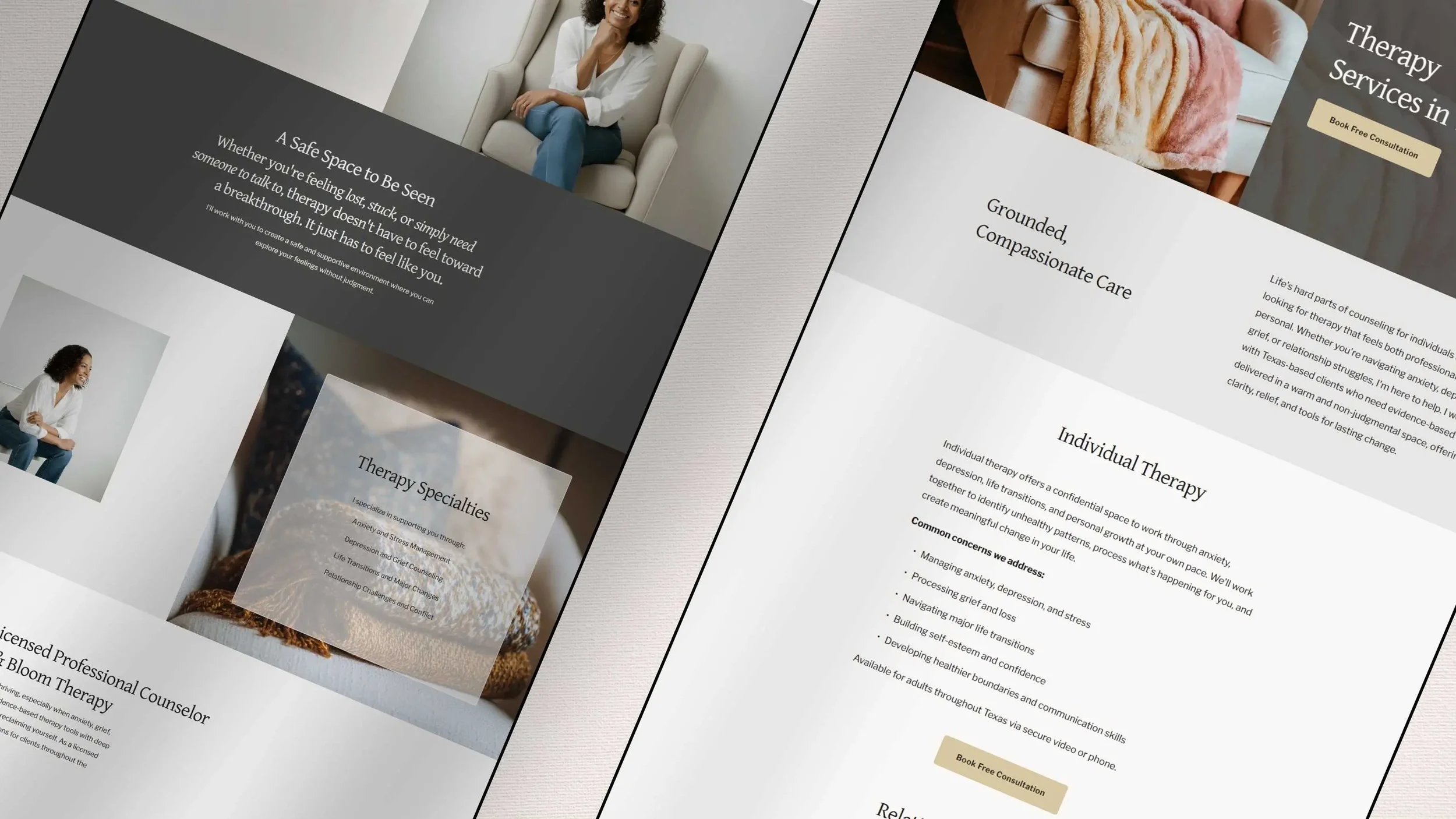 Two angled screens displaying layout options for a counseling website template.